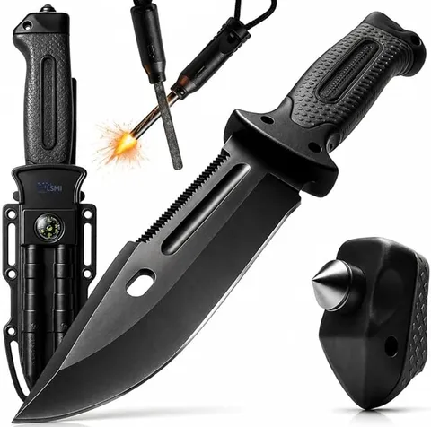 Faca Tática de Sobrevivência Profissional Completa com Bainha, Pederneira, Bússola e Apito – Faca para Camping, Trilha, Pesca, Caça e Uso Militar Alta Resistência