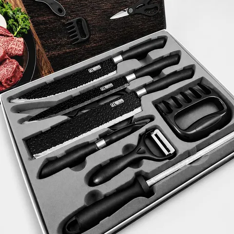 Kit Churrasco 8 Peças Facas Aço Inox Antiaderente com Estojo – Preto