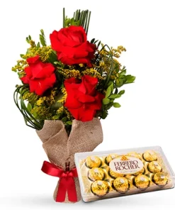 kit Arranjo 3 Lindas Rosas e Ferrero Rocher