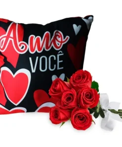 Kit Almofada Amo Você e Buquê de 6 Rosas Vermelhas