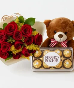 12 Rosas Com Ferrero Rocher E Pelúcia