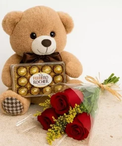 3 Rosas Com Ferrero Rocher E Pelúcia