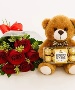 6 Rosas Com Ferrero Rocher E Pelúcia